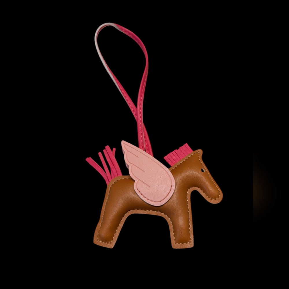 Bag Charm Leather Brown and Pink Winged Horse